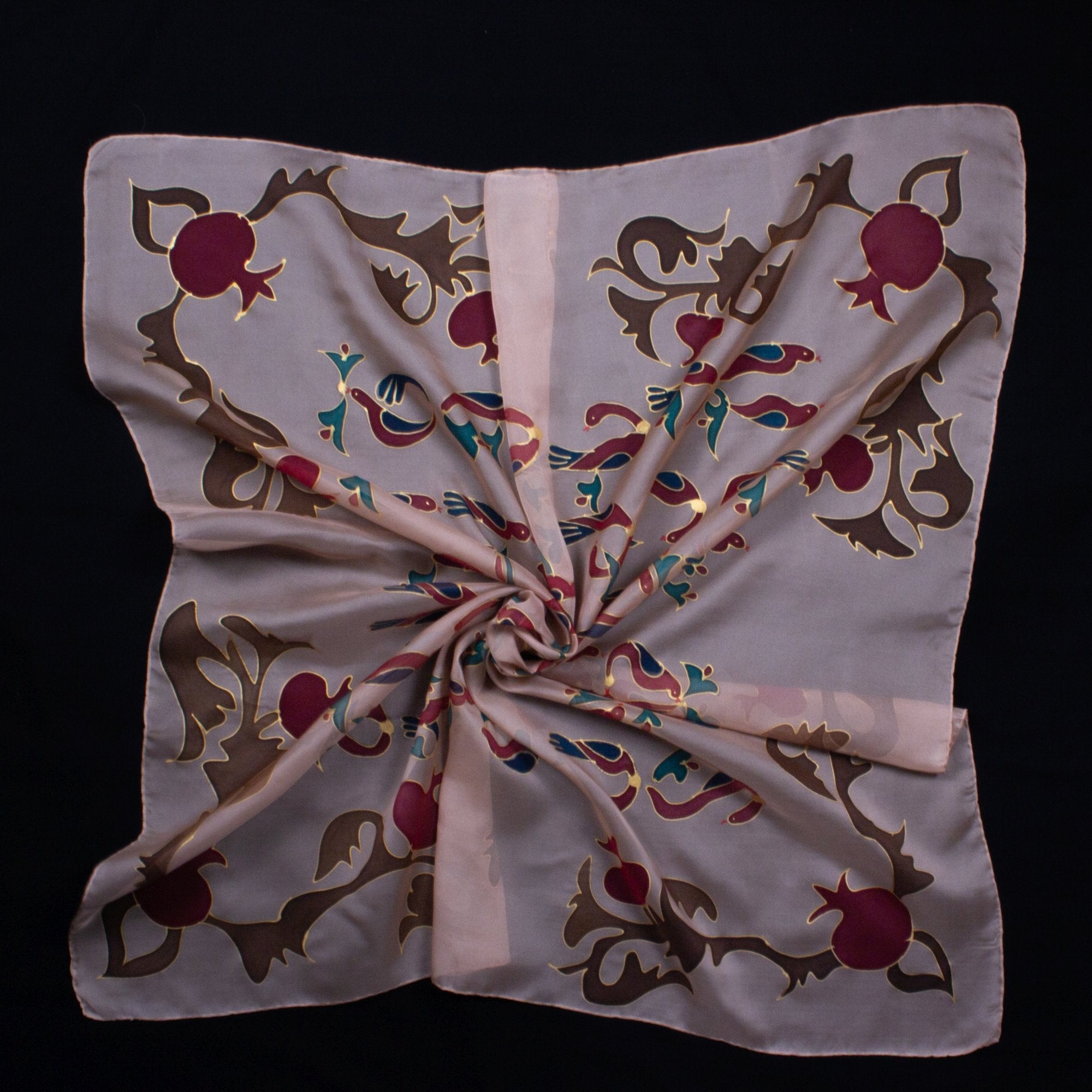 Armenian Handmade Silk Scarf - Letters and Pomegranates