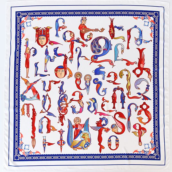 Moreni Scarf with Armenian Alphabet - AYB Collection (White/Navy)