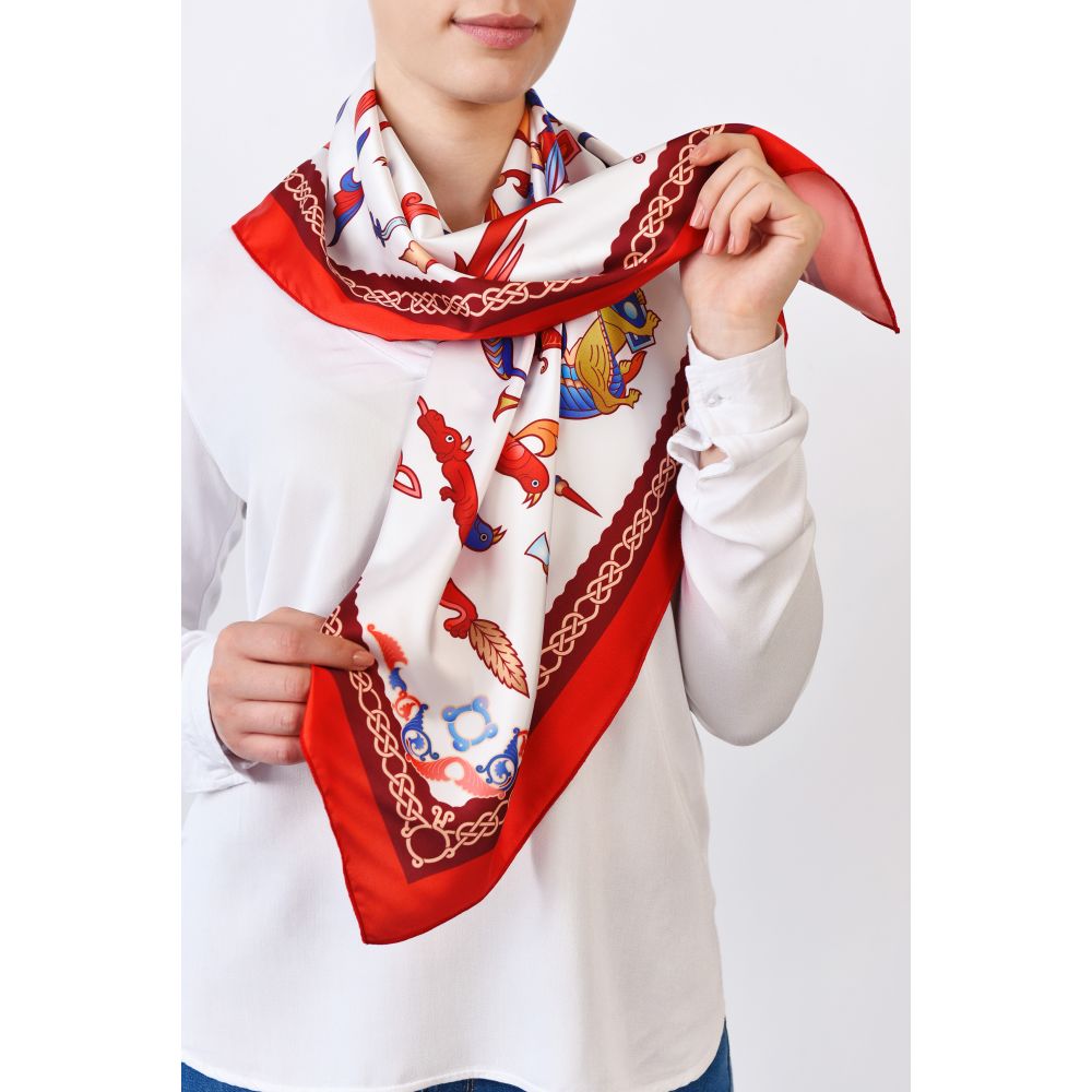 Moreni Scarf with Armenian Alphabet - AYB Collection (White/Red)